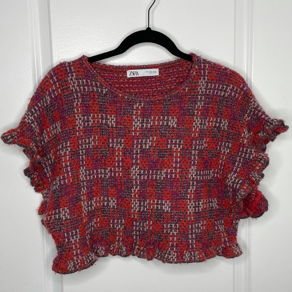 Zara tweed crop top with ruffled sleeves